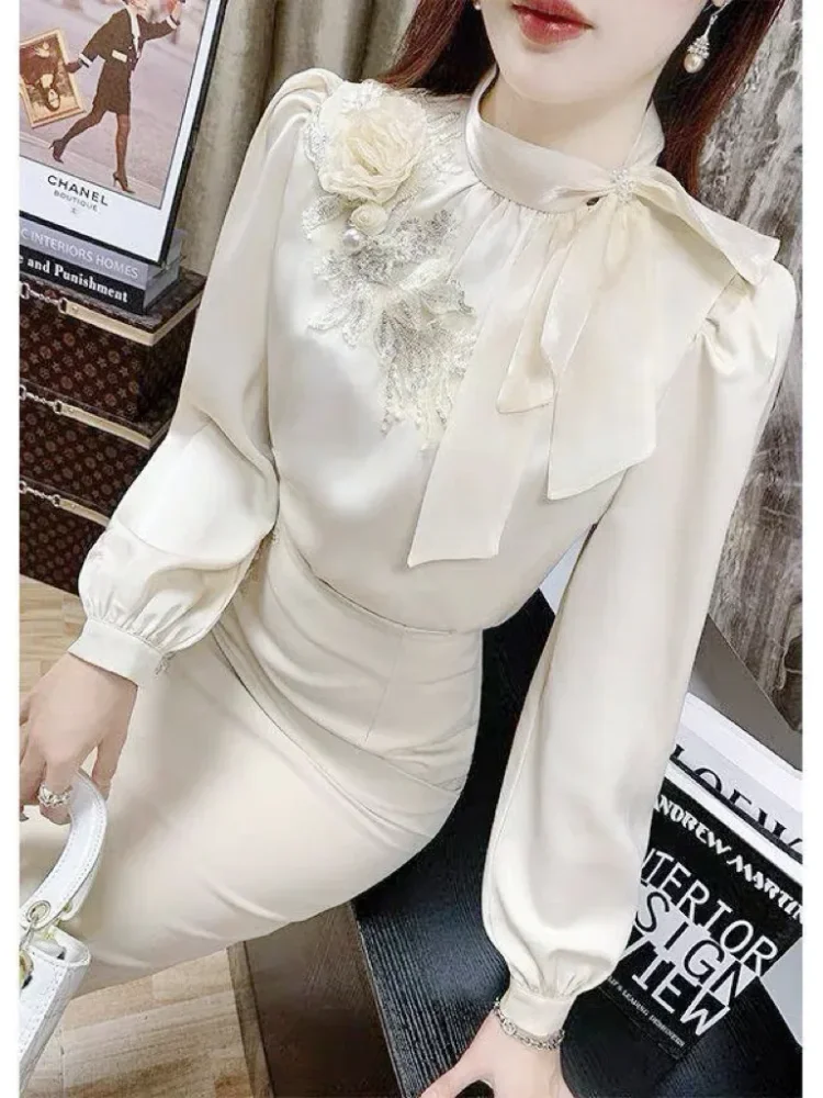 FADFAD Atasan kemeja kerah tie neck dengan lengan panjang dan gaya mewah
