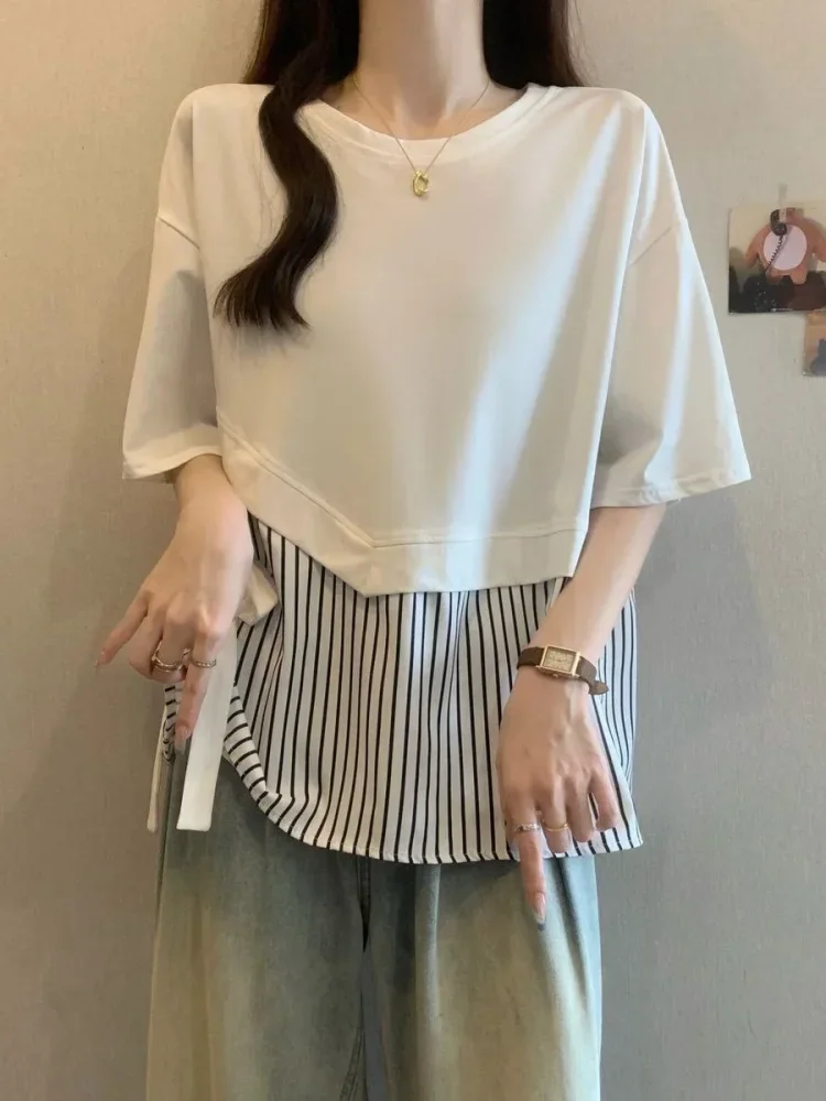 ASAYA Atasan kaos kerah bulat lengan pendek dan bermotif unik