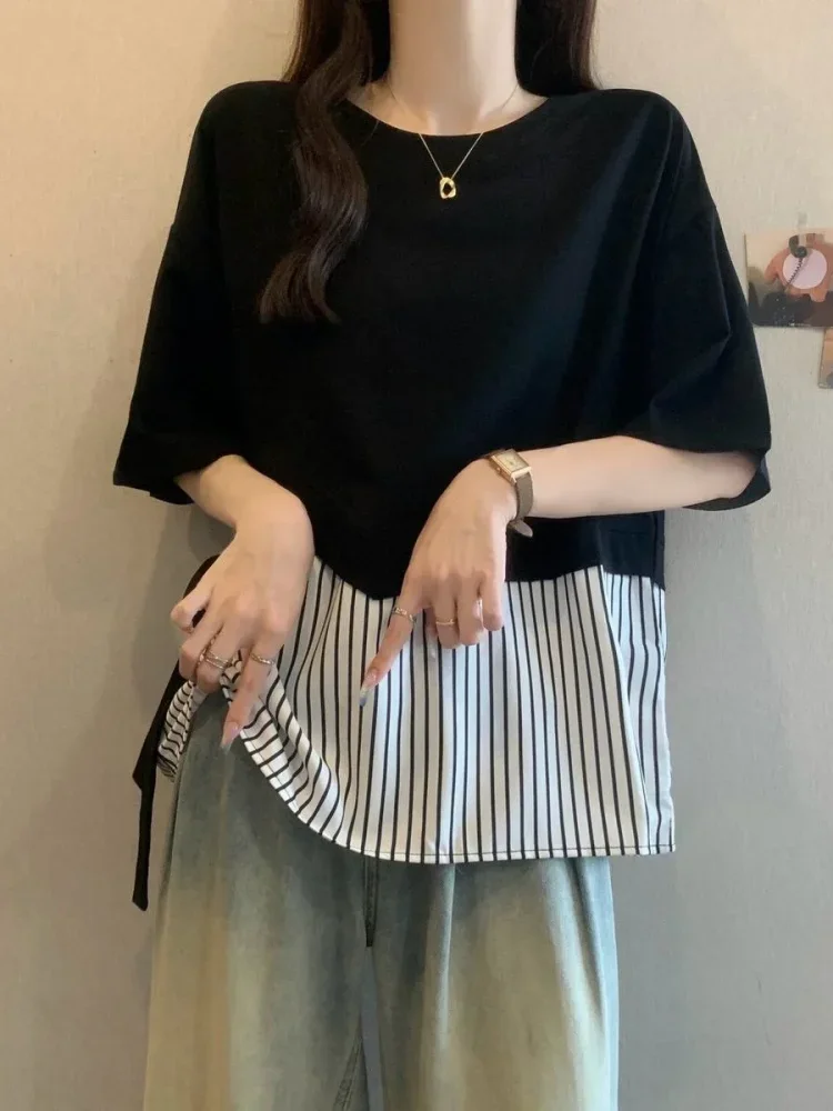 ASAYA Atasan kaos kerah bulat lengan pendek dan bermotif unik