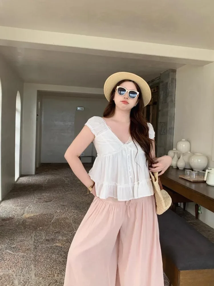 CHICMORE Atasan wanita kasual lengan pendek dengan kerah leher v-neck model baru