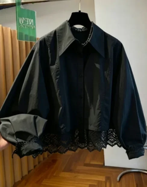 CHICMORE Kemeja putih longgar natural lengan panjang motif polos