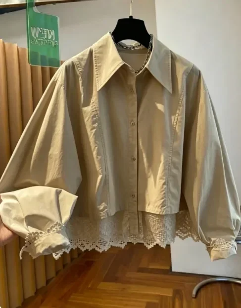 CHICMORE Kemeja putih longgar natural lengan panjang motif polos