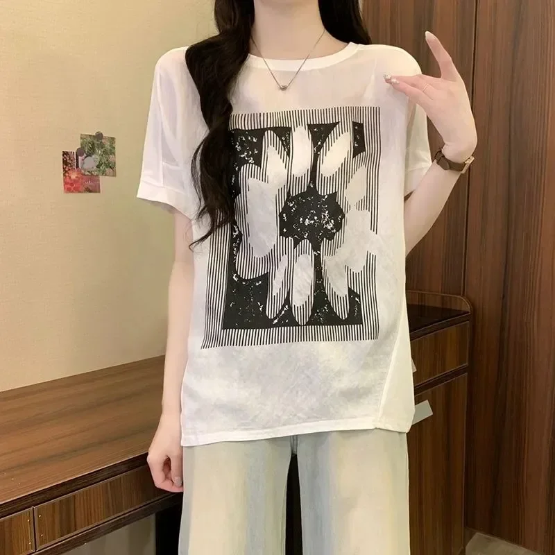 ASAYA Atasan kaos kerah bulat lengan pendek dan bermotif unik