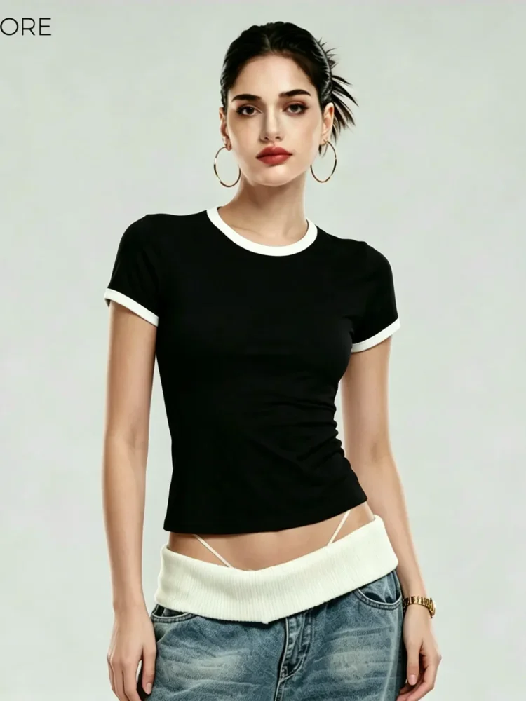 CHICMORE Kaos wanita berbahan katun campuran lembut dengan desain color block gaya kasual