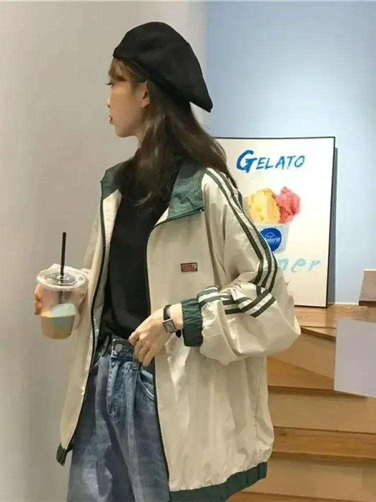 CHICMORE Atasan jaket longgar dengan lengan panjang bergaris untuk wanita