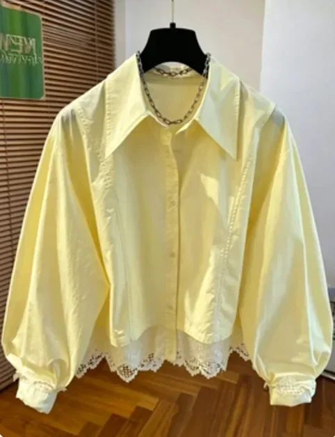 CHICMORE Kemeja putih longgar natural lengan panjang motif polos