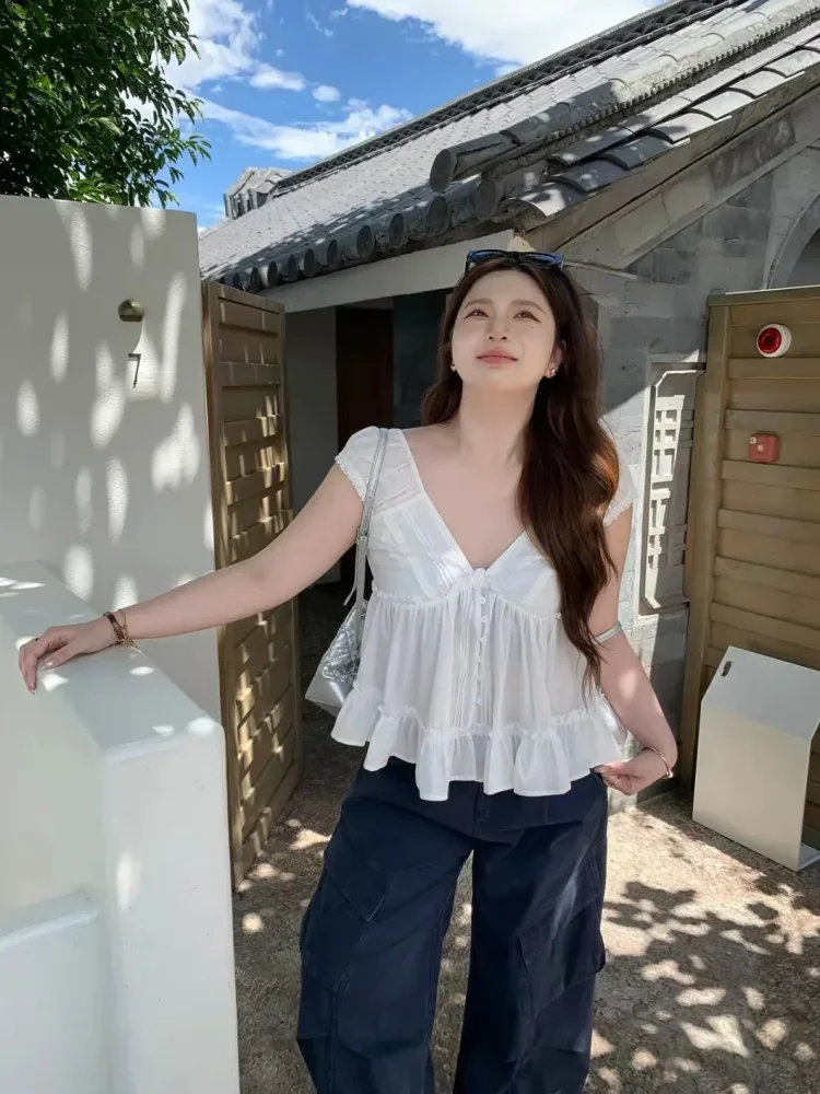CHICMORE Atasan wanita kasual lengan pendek dengan kerah leher v-neck model baru