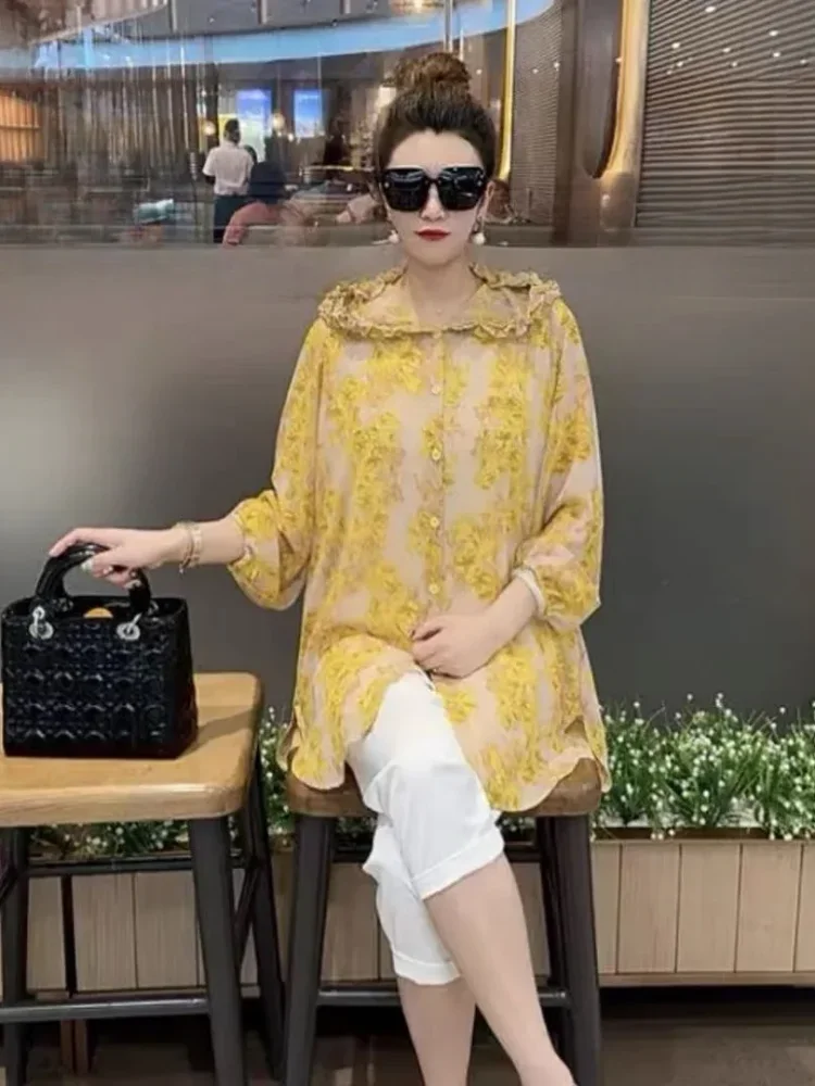 ASAYA Atasan pakian wanita motif cetak gaya retro mode baru