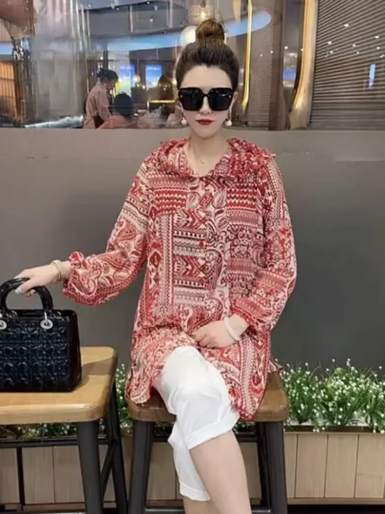 ASAYA Atasan pakian wanita motif cetak gaya retro mode baru