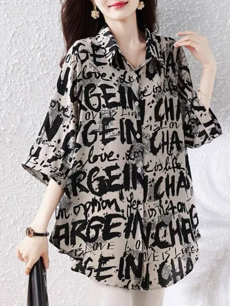 ASAYA Atasan kemeja wanita motif printed dengan lengan tiga perempat