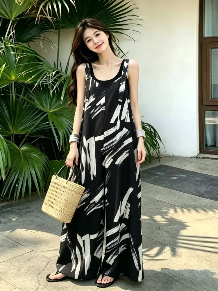 ASAYA Jumpsuit kotak-kotak longgar yang modis (tanpa rompi)
