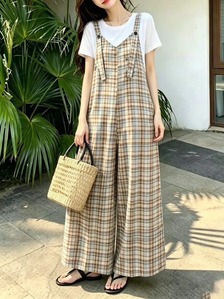 ASAYA Jumpsuit kotak-kotak longgar yang modis (tanpa rompi)