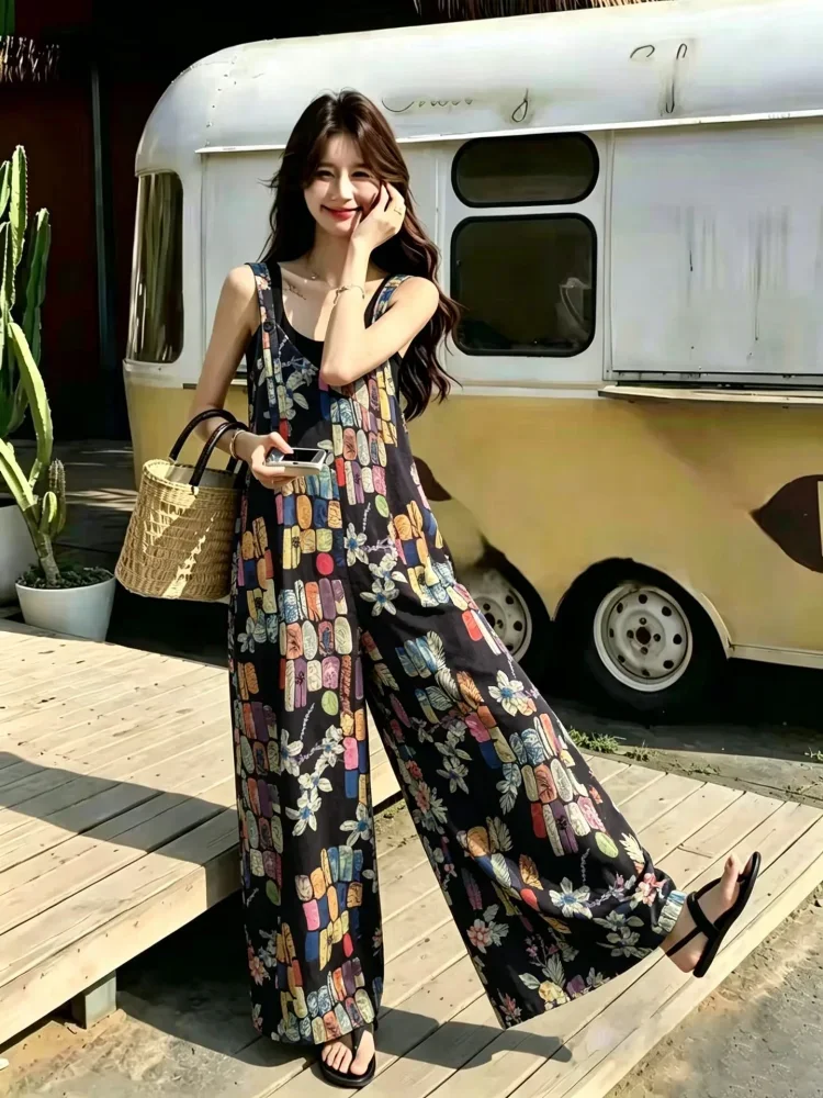 ASAYA Jumpsuit kotak-kotak longgar yang modis (tanpa rompi)