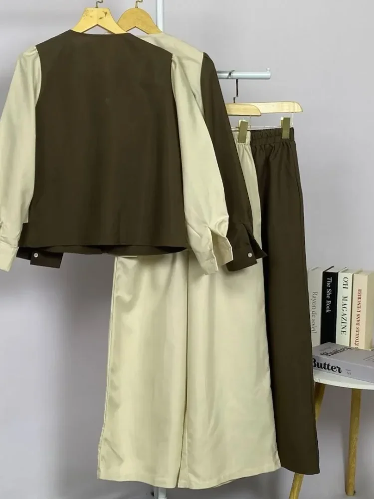 ASAYA Atasan lengan panjang dengan desain jas kecil dua lapis palsu, atasan polos atau warna kontras dipadukan dengan setelan celana panjang