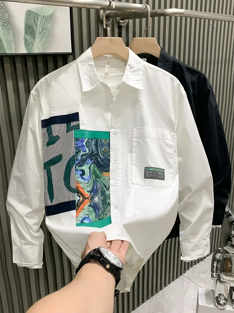 CHICMORE Atasan kemeja desain gambar bunga dengan lengan panjang modis stylish dan kerah polo untuk wanita
