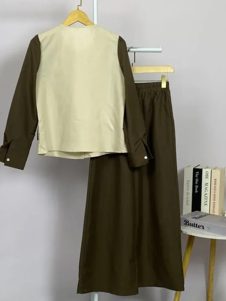 ASAYA Atasan lengan panjang dengan desain jas kecil dua lapis palsu, atasan polos atau warna kontras dipadukan dengan setelan celana panjang