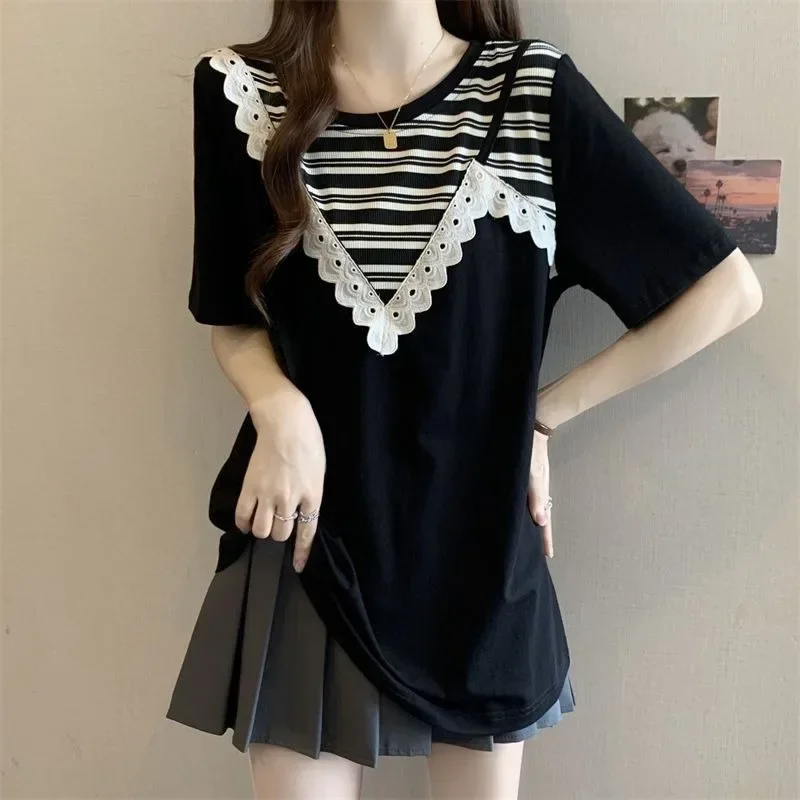ASAYA Atasan kaos kerah bulat lengan pendek dan bermotif unik