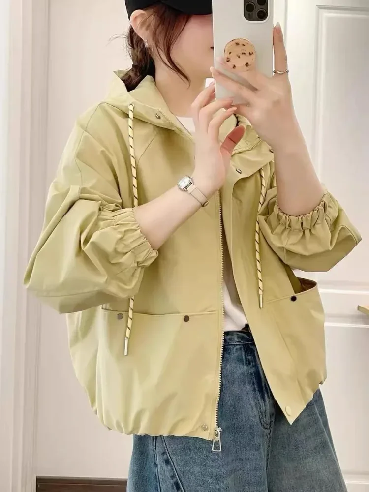 CHICMORE Jaket pakaian wanita dengan zipper warna solid kerah hooded bergaya kekinian korea