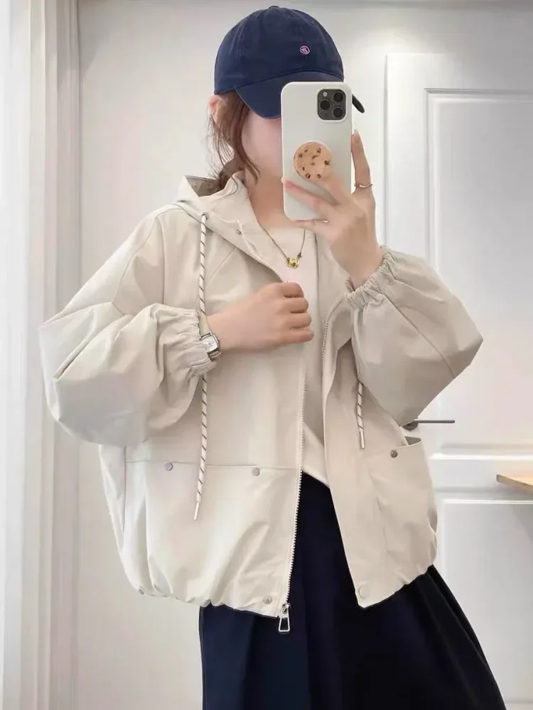 CHICMORE Jaket pakaian wanita dengan zipper warna solid kerah hooded bergaya kekinian korea