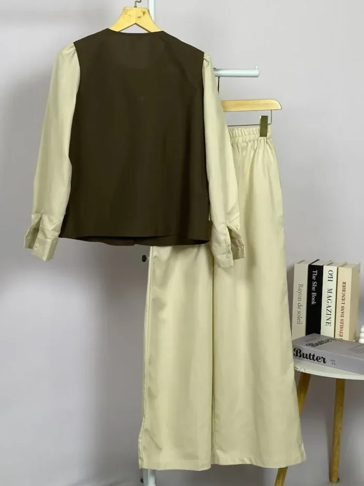 ASAYA Atasan lengan panjang dengan desain jas kecil dua lapis palsu, atasan polos atau warna kontras dipadukan dengan setelan celana panjang