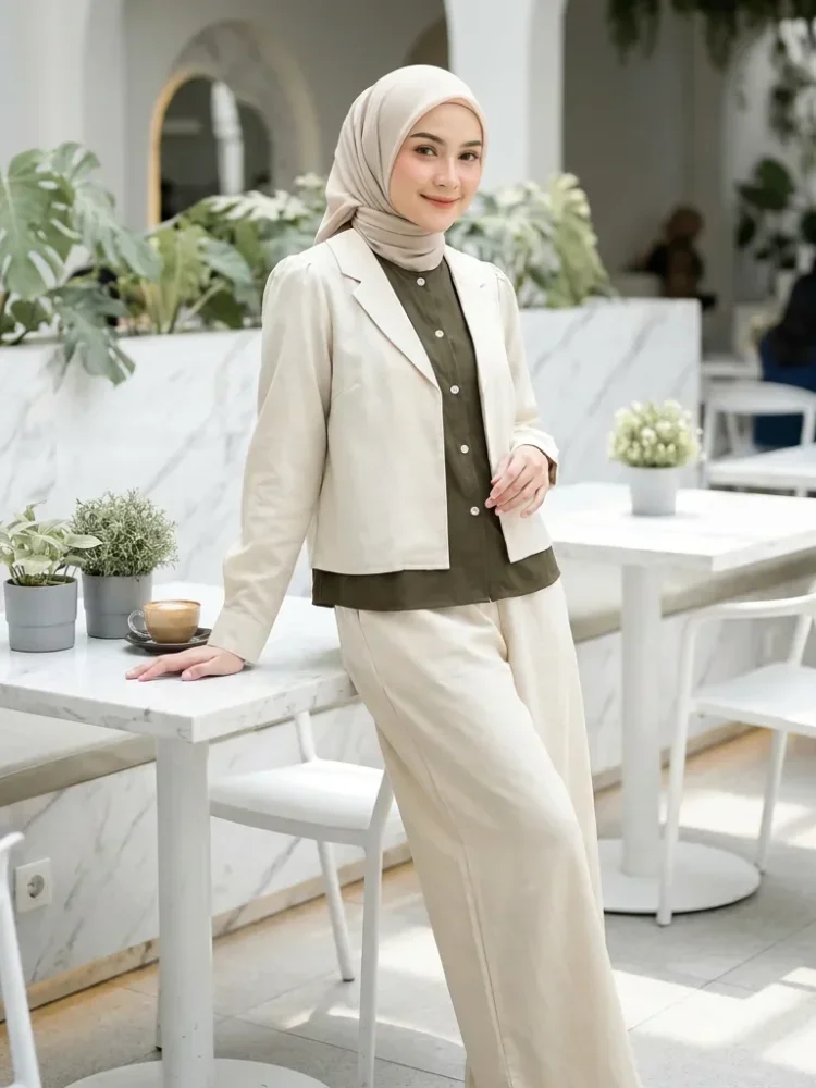 ASAYA Atasan lengan panjang dengan desain jas kecil dua lapis palsu, atasan polos atau warna kontras dipadukan dengan setelan celana panjang
