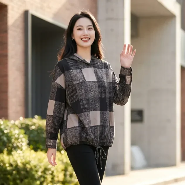 ASAYA Atasan sweatshirt berkerudung kasual bergaya retro chic