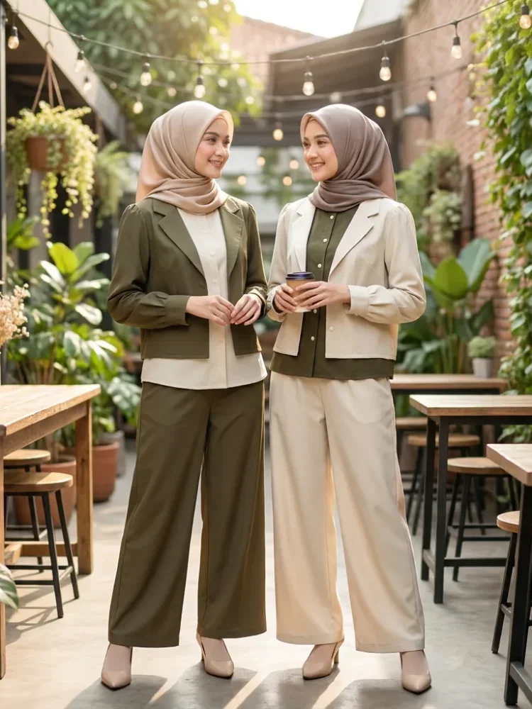 ASAYA Atasan lengan panjang dengan desain jas kecil dua lapis palsu, atasan polos atau warna kontras dipadukan dengan setelan celana panjang