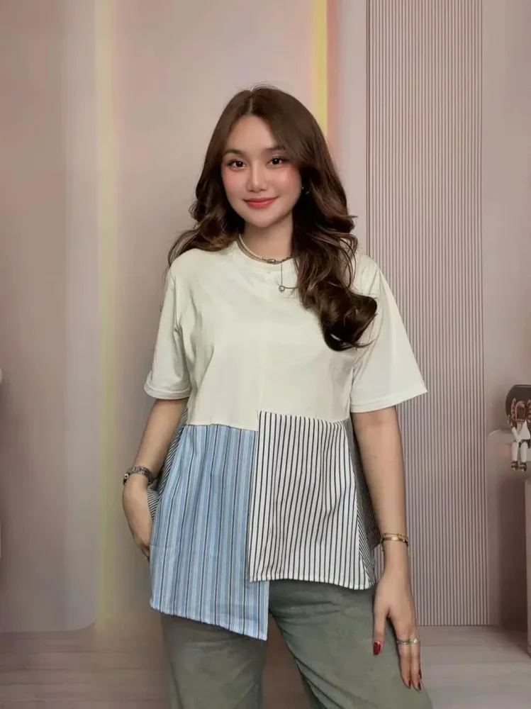 [READY STOCK]ASAYA Atasan kaos lengan pendek leher bulat model patchwork longgar