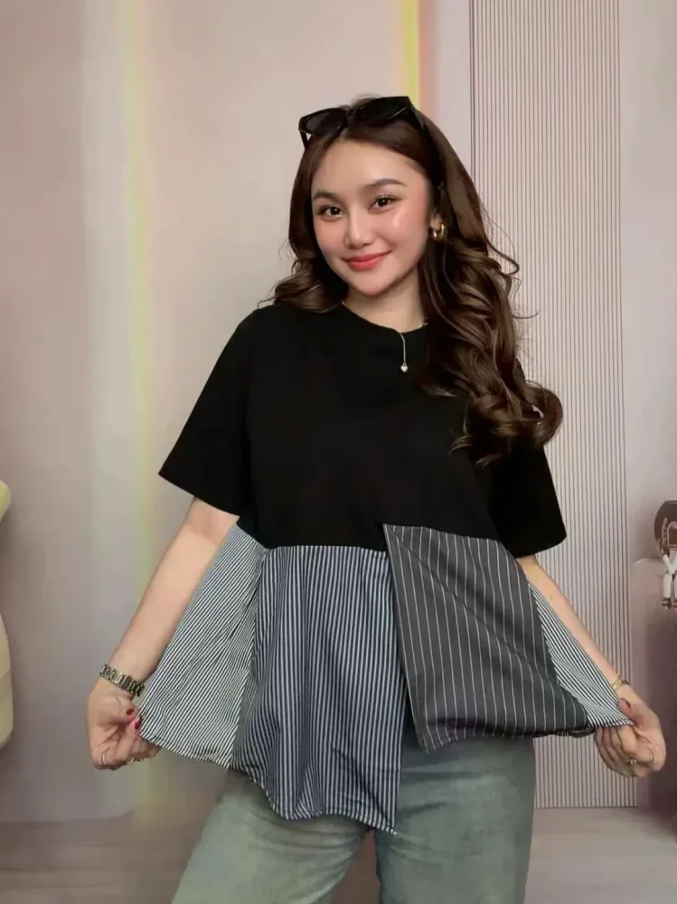 [READY STOCK]ASAYA Atasan kaos lengan pendek leher bulat model patchwork longgar
