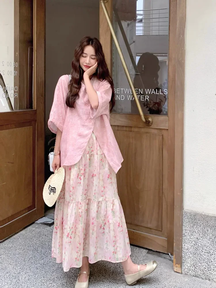CHICMORE Setelan dua potong lengan 3/4 dan rok flowy manis untuk musim panas