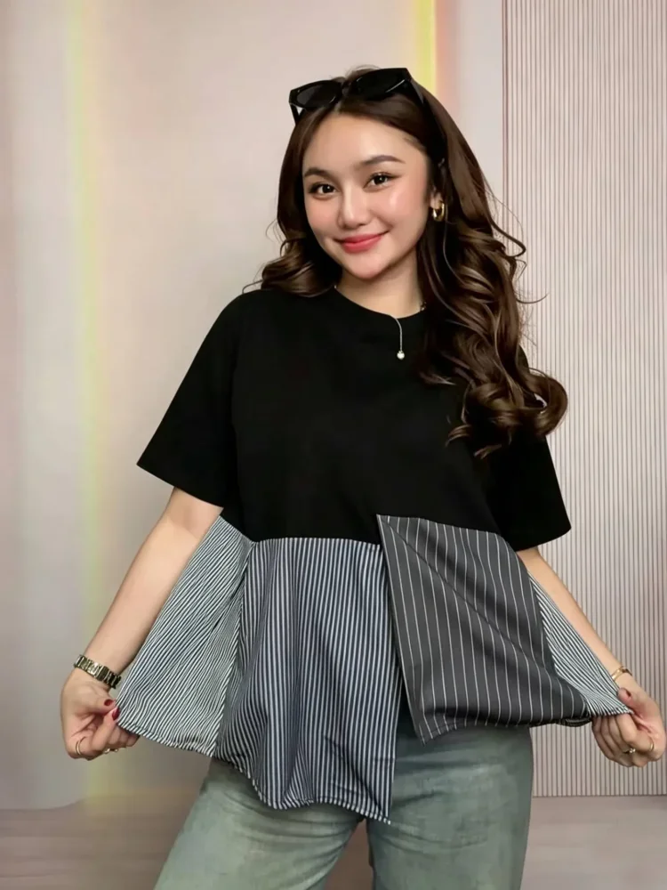 [READY STOCK]ASAYA Atasan kaos lengan pendek leher bulat model patchwork longgar