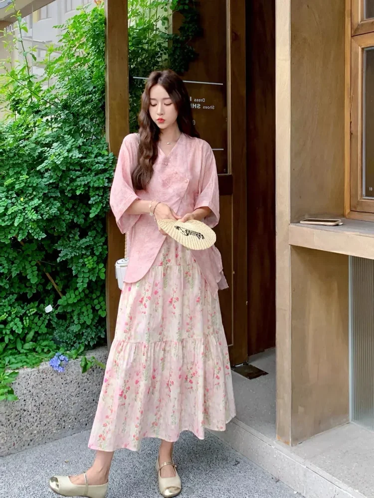 CHICMORE Setelan dua potong lengan 3/4 dan rok flowy manis untuk musim panas