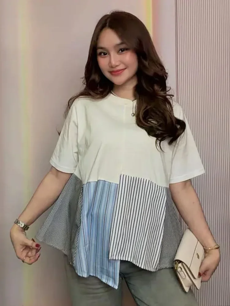 [READY STOCK]ASAYA Atasan kaos lengan pendek leher bulat model patchwork longgar