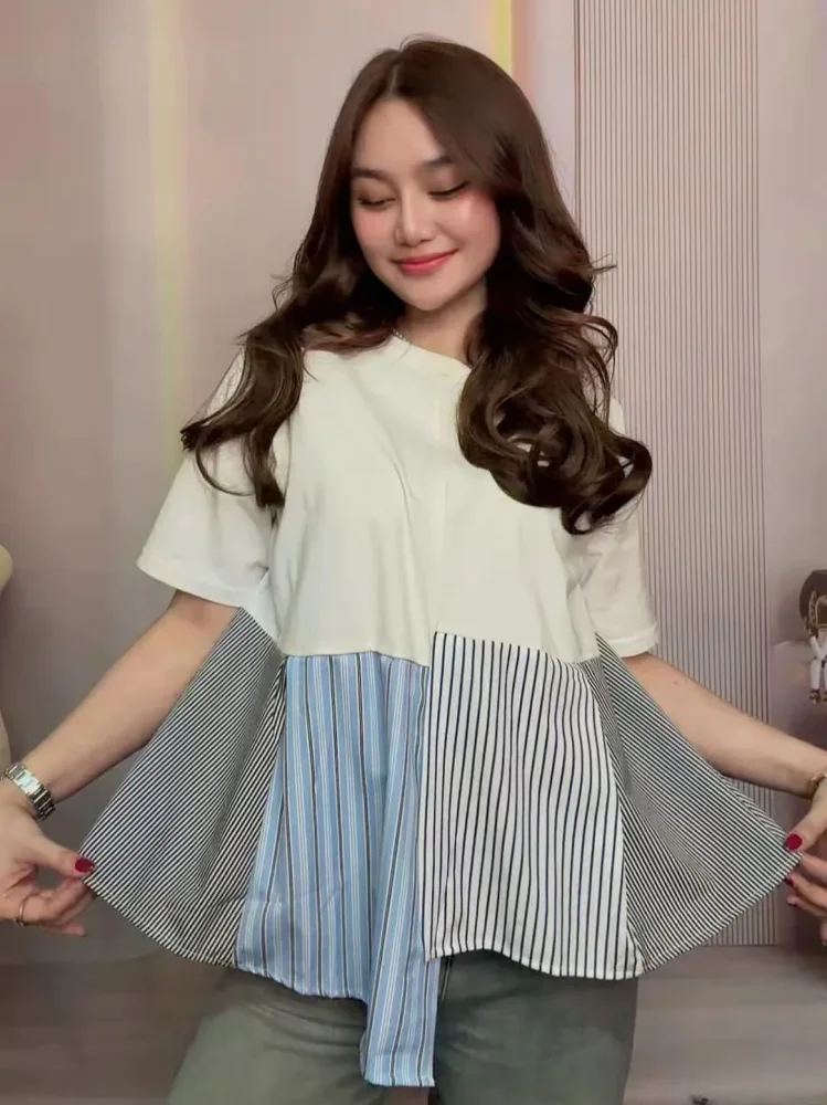 [READY STOCK]ASAYA Atasan kaos lengan pendek leher bulat model patchwork longgar