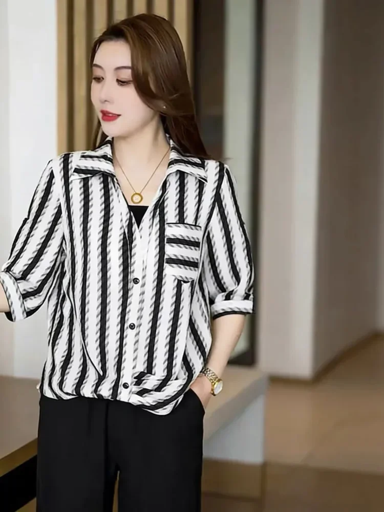 FADFAD Atasan blus desain manis lengan tigaperempat modis untuk wanita