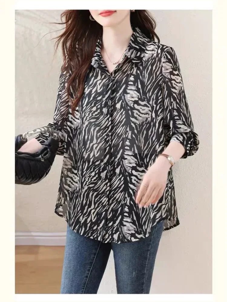 ASAYA Atasan kemeja pakaian wanita kerah polo kancing sebaris motif cetak bergaya retro