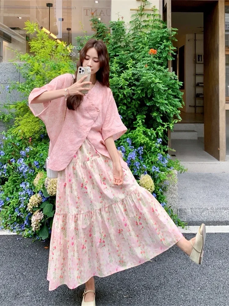 CHICMORE Setelan dua potong lengan 3/4 dan rok flowy manis untuk musim panas