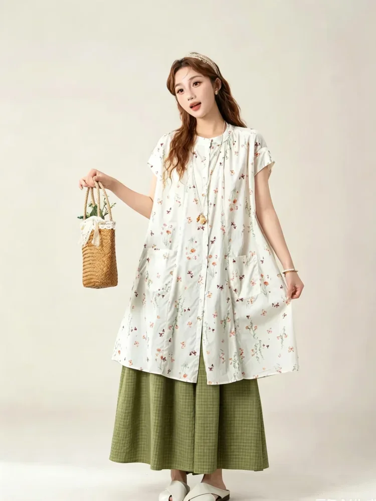CHICMORE Setelan wanita kasual dengan kemeja panjang motif bunga + celana wide leg kotak-kotak
