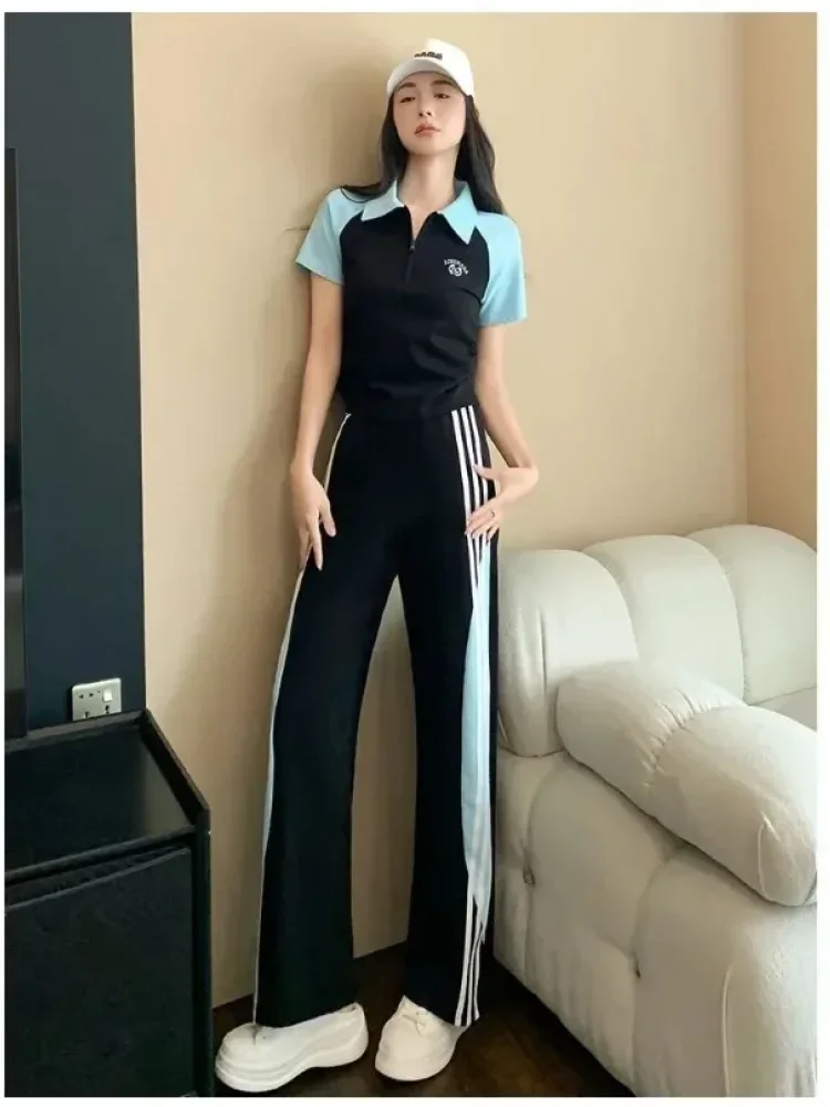 FADFAD Setelan atasan lengan pendek + celana panjang dengan gaya kasual untuk wanita