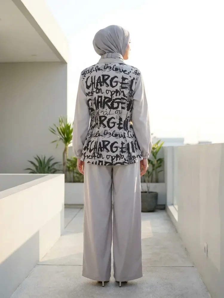 ASAYA Setelan kemeja lengan panjang dan celana panjang wanita dengan desain cetakan patchwork dan kancing buatan tangan