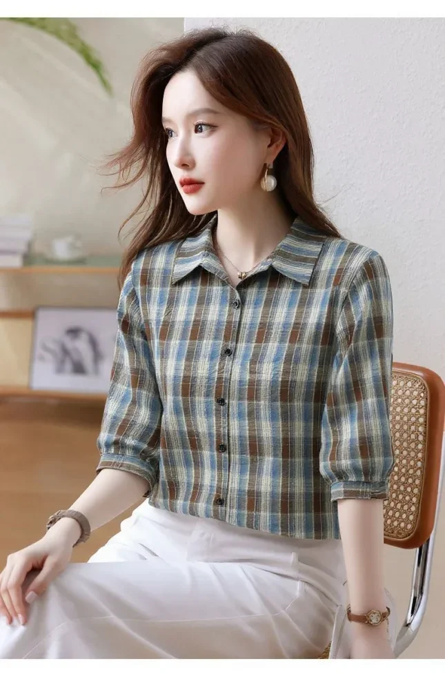 FADFAD Atasan wanita kemeja kasual model half sleeve motif kotak