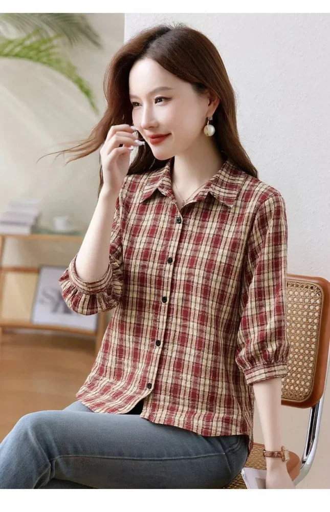 FADFAD Atasan wanita kemeja kasual model half sleeve motif kotak