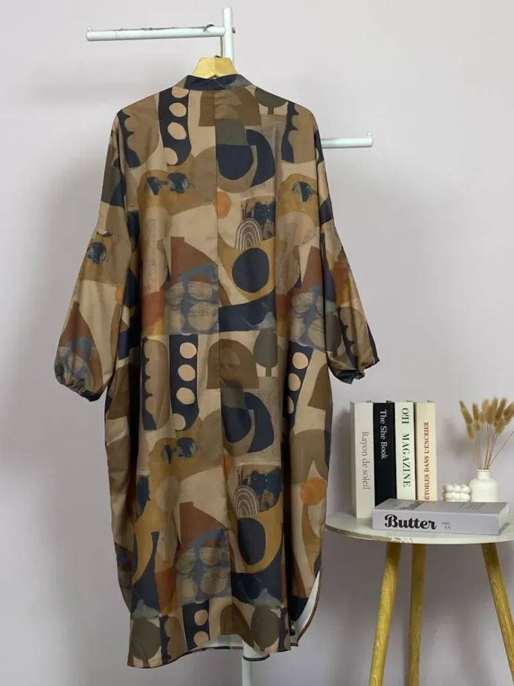 ASAYA Gaun panjang longgar kasual tipis bermotif dengan desain mode elegan
