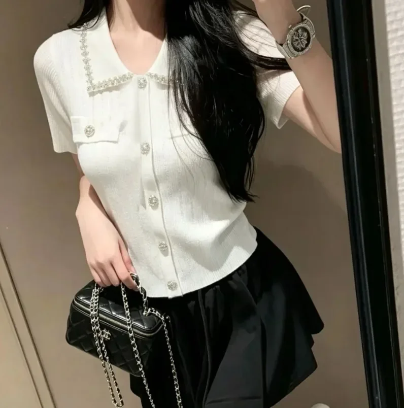 FADFAD Atasan wanita lengan pendek dengan kacing baris dengan kerah polo