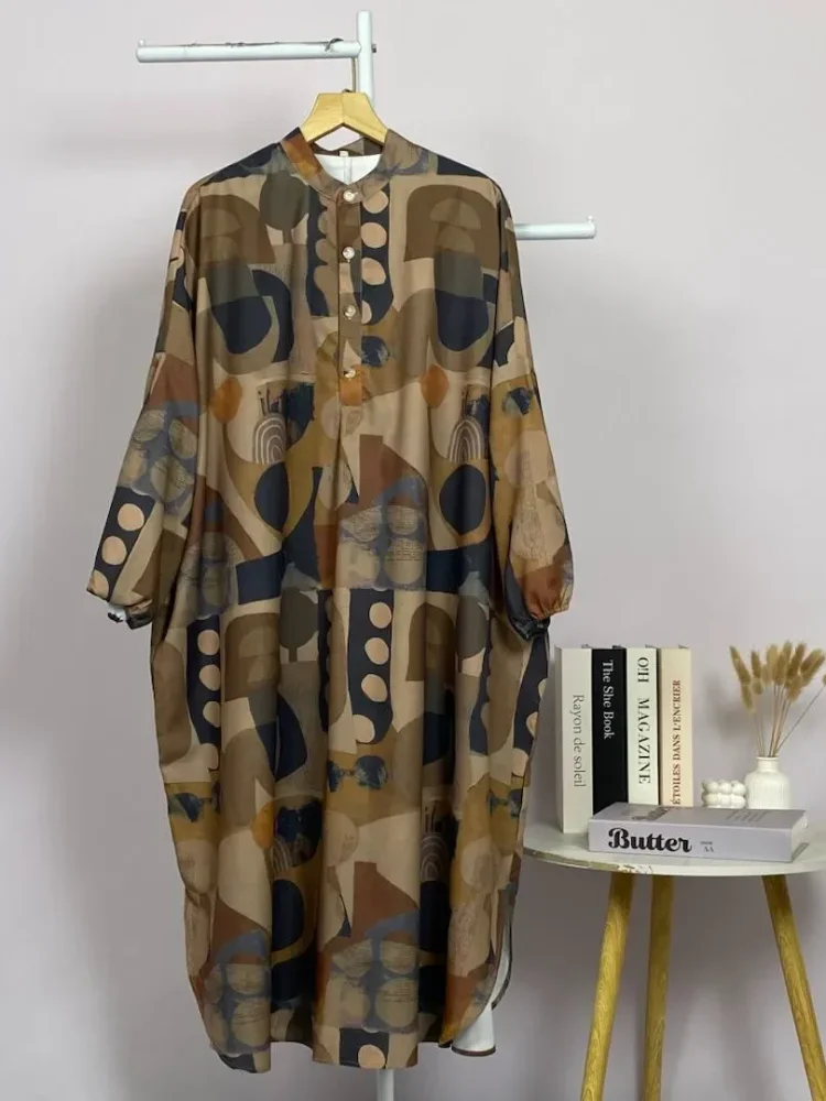 ASAYA Gaun panjang longgar kasual tipis bermotif dengan desain mode elegan