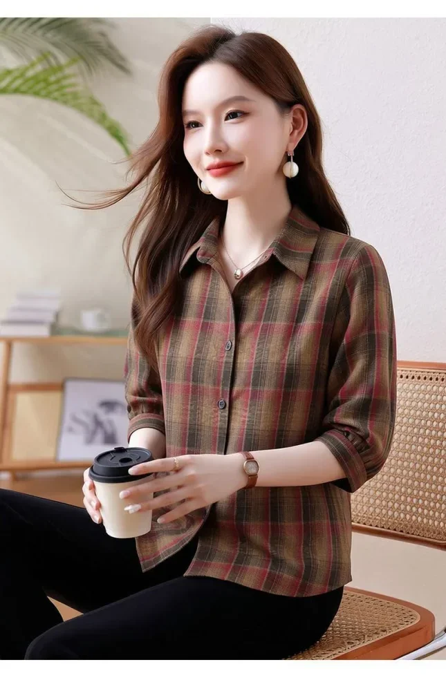 FADFAD Atasan wanita kemeja kasual model half sleeve motif kotak