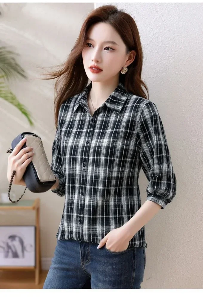 FADFAD Atasan wanita kemeja kasual model half sleeve motif kotak