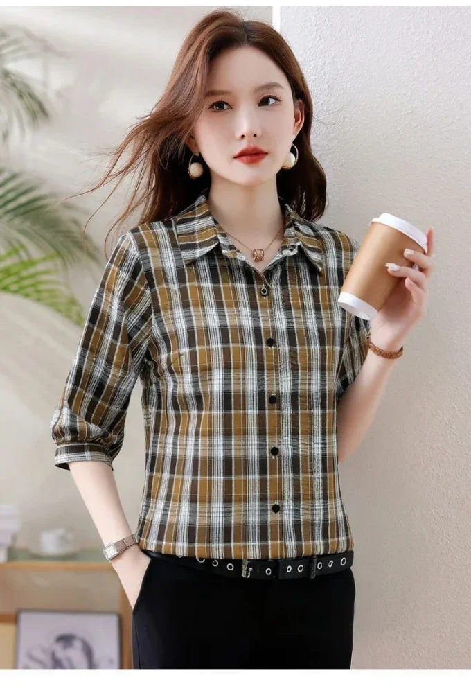 FADFAD Atasan wanita kemeja kasual model half sleeve motif kotak