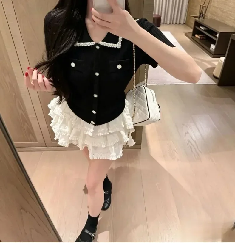 FADFAD Atasan wanita lengan pendek dengan kacing baris dengan kerah polo