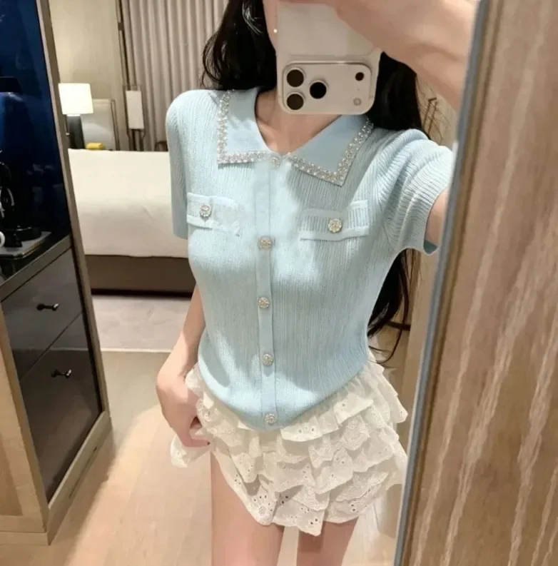 FADFAD Atasan wanita lengan pendek dengan kacing baris dengan kerah polo